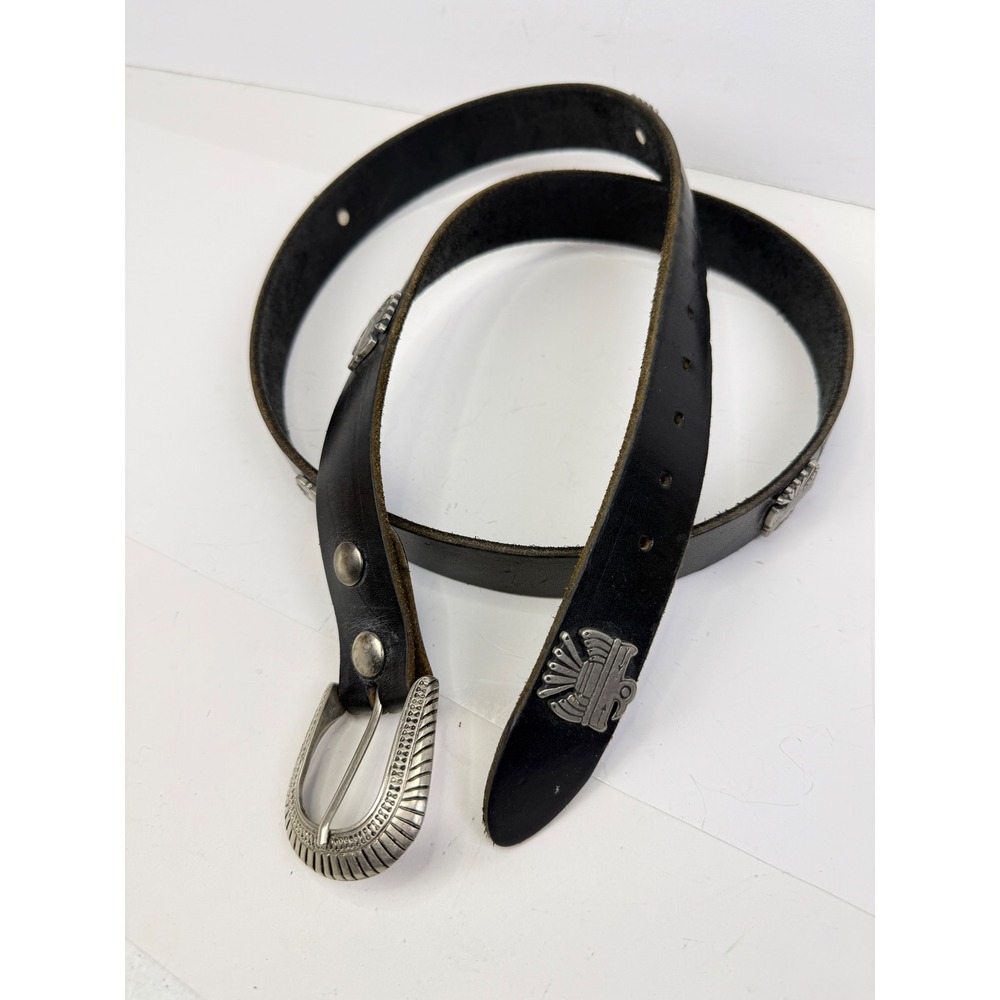 Artec Canada Black Leather Thunderbird Concho Belt Silver Tone Buckle Size 40